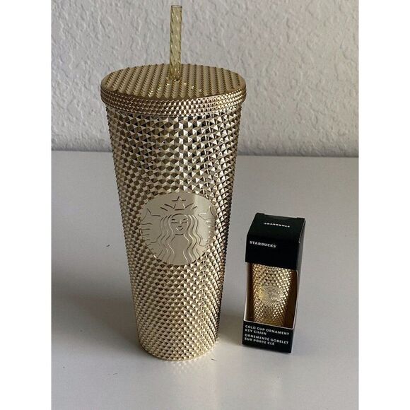 Starbucks Holiday 2022 Venti Gold Bling Tumbler And Keychain Ornament Bundle SET - Picture 1 of 12